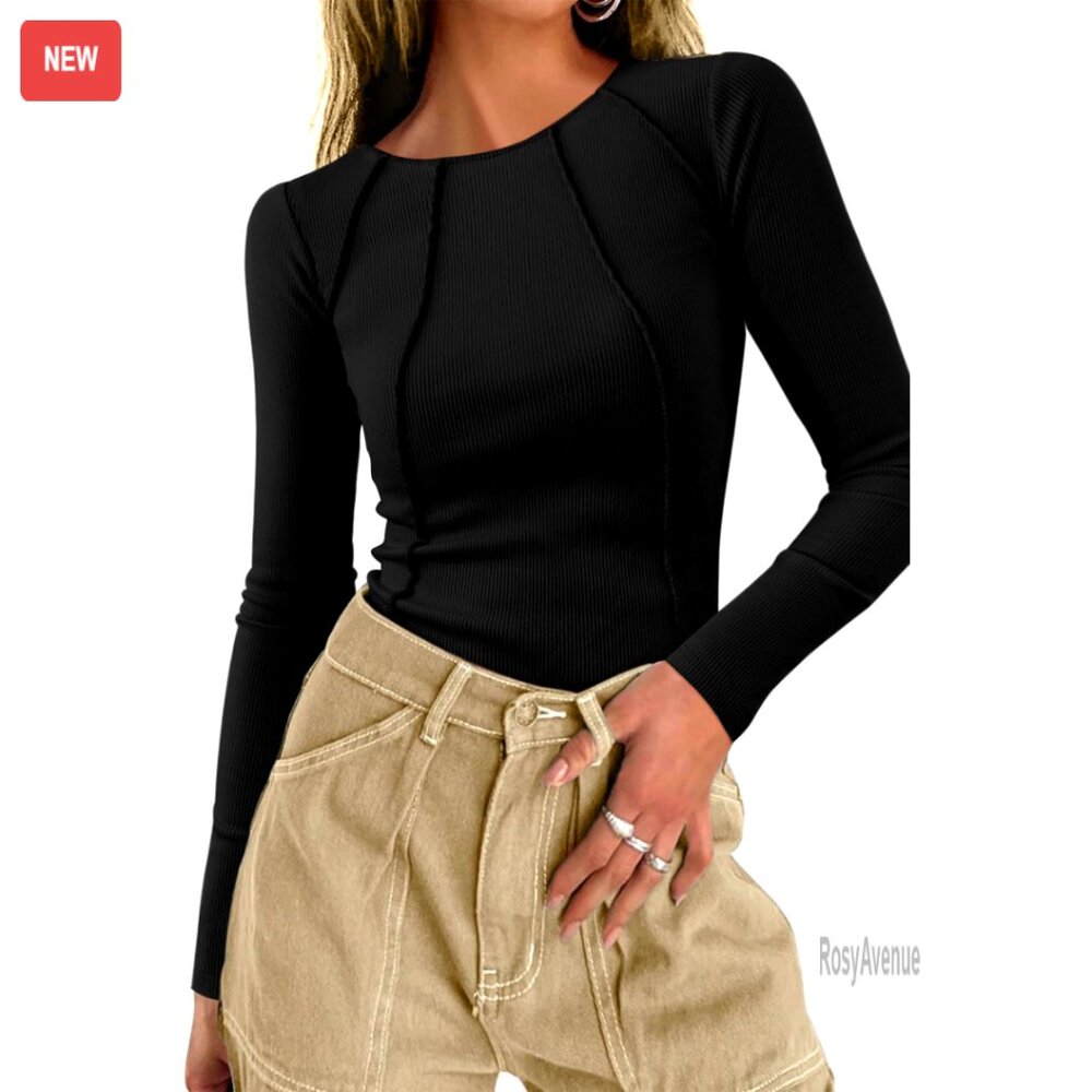 Ribbed Long Sleeve Crop Tee Slim Fit Stretch Knit Exposed Seams
